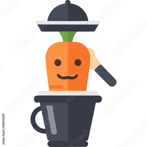 A cartoon carrot with a smiley face is being pressed in a juicer by a hand.