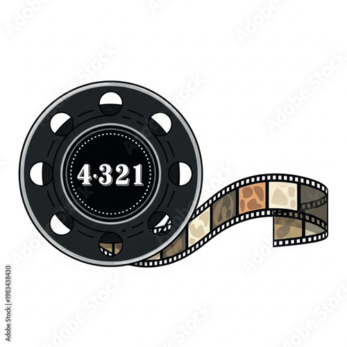 A vintage film reel with classic movie film and numerical digits displayed on the reel