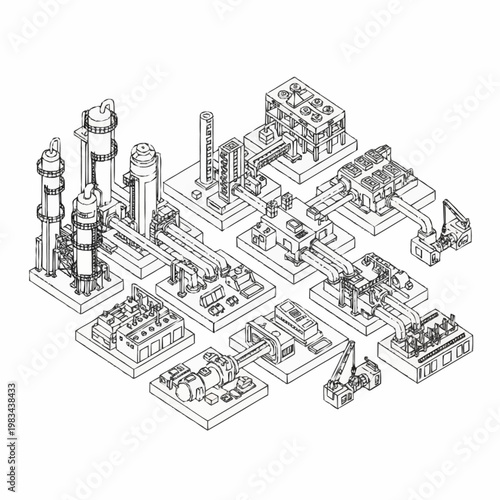 Isometric line drawing of various industrial factory machines and equipment.