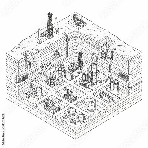 Isometric illustration of an industrial mining operation with underground tunnels and machinery.