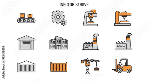 Industrial icons set factory manufacturing and logistics elements.