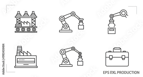 Industrial Automation Icons Set Factory Robotic Arm and Manufacturing Line.