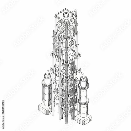 Detailed isometric line drawing of a complex industrial distillation tower and refinery equipment.
