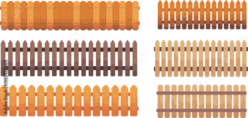 Wooden picket fence vector set with various brown timber designs for garden borders, farm enclosures, and rural landscaping icons.