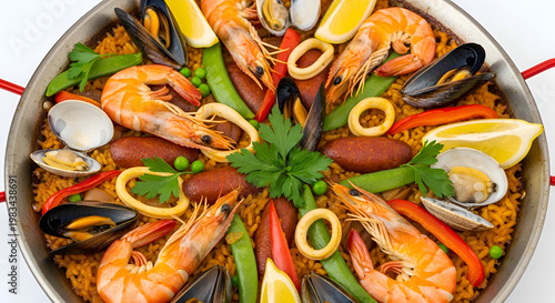 Delicious seafood paella with shrimp mussels.