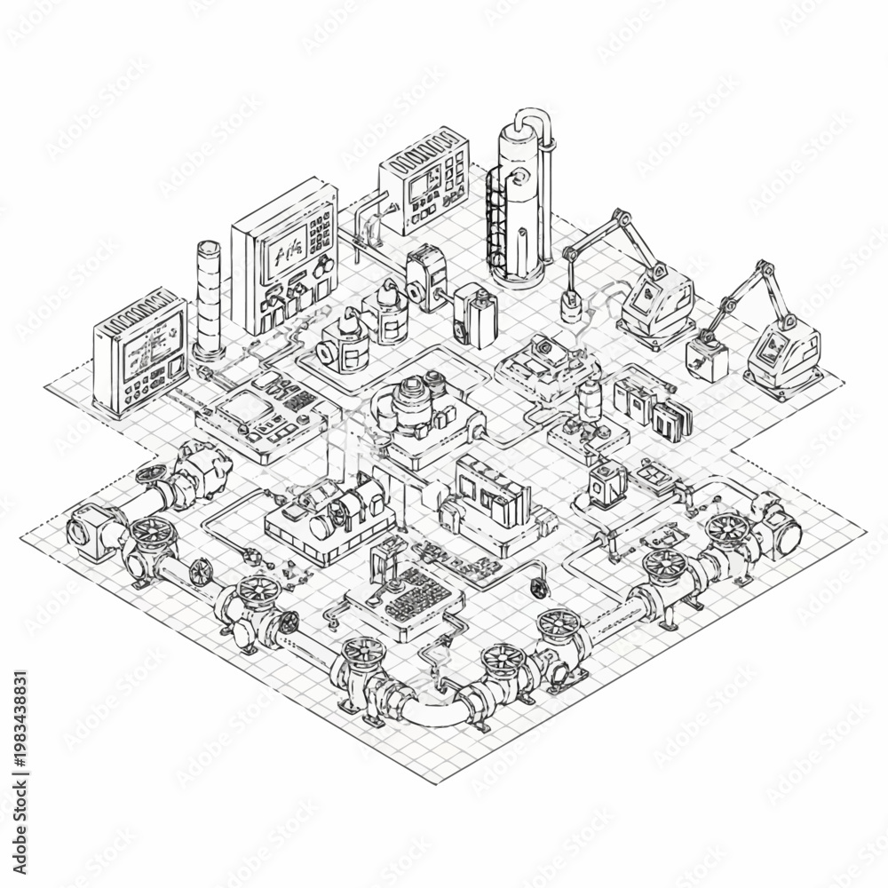 Obraz premium Isometric illustration of an industrial factory complex with machinery and pipes.