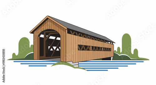 Rustic wooden covered bridge arches over a tranquil blue stream bordered by hills