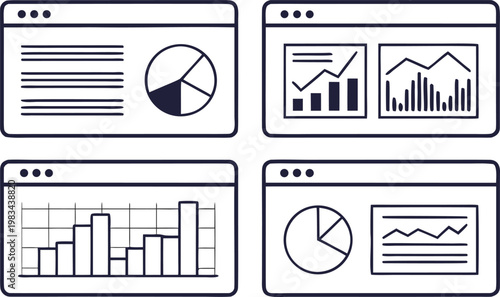 Set of four hand-drawn browser windows displaying various data charts and analytical graphs