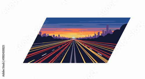 A stylized highway stretches towards a vibrant city skyline at sunset