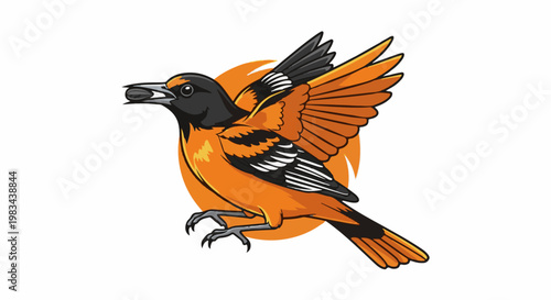 Stylized bird with black head and orange body holding a seed