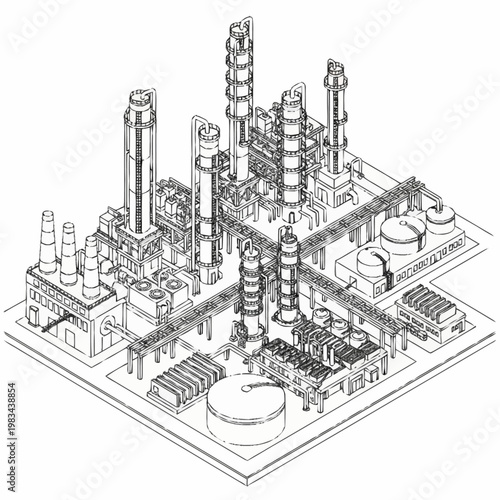 Isometric illustration of a complex industrial oil refinery with distillation towers and pipelines.