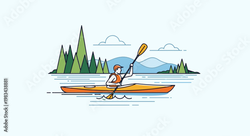 Person kayaking on water with mountains and trees in background