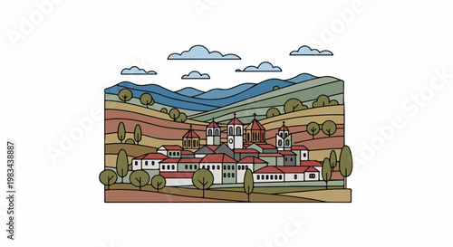 Stylized abstract landscape with a village nestled in rolling hills under a cloudy sky