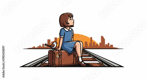 Girl with suitcase and bird on train tracks, city skyline at sunset