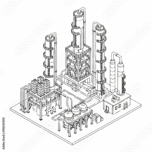 Illustration of an industrial chemical processing plant with distillation towers and complex piping systems.