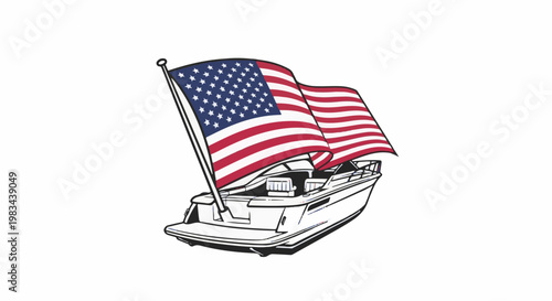 A stylized illustration of a boat with two American flags flying