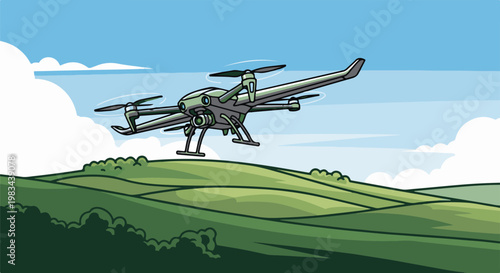 Robotic aircraft hovers over rolling green hills under a cloudy blue sky
