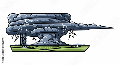 A powerful storm cloud with lightning over a green landscape