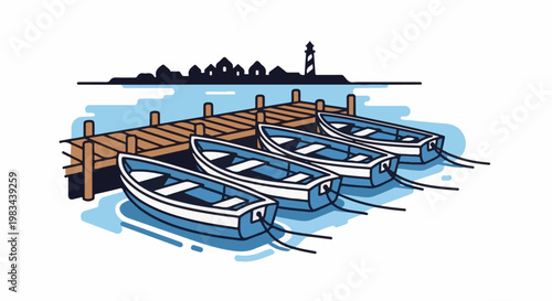 Rowboats moored at a wooden dock with a distant village and lighthouse