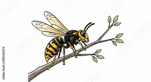 A stylized yellow and black insect with delicate wings rests on a thin branch