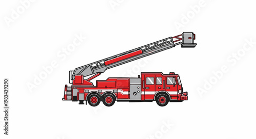 Red fire engine with a raised ladder, isolated on a white background
