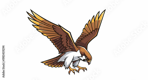A stylized brown and white bird of prey with golden-tipped wings in flight