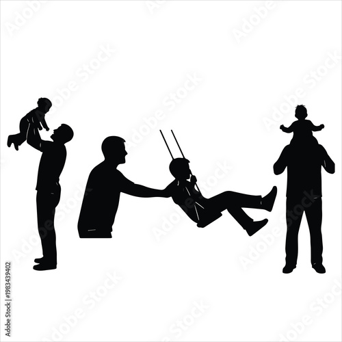 Set of Silhouette Illustrations Depicting a Father Playing with His Children
