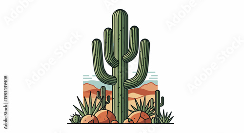 A stylized illustration of a desert landscape featuring a large saguaro cactus