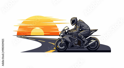 Pixel art cyclist rides a motorcycle down a road at sunset with abstract clouds