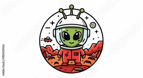 Cute alien in a red spacesuit stands on Mars, with a UFO and planet