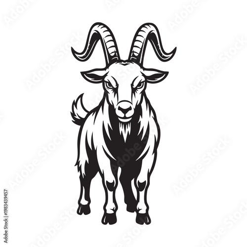 A striking black and white illustration of a male goat with large horns presented as a silhouette