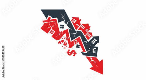 Crashing economy symbolized by descending houses and currency symbols