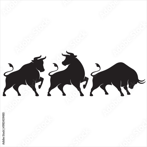 Set of Bull Silhouettes in Different Poses and Stances