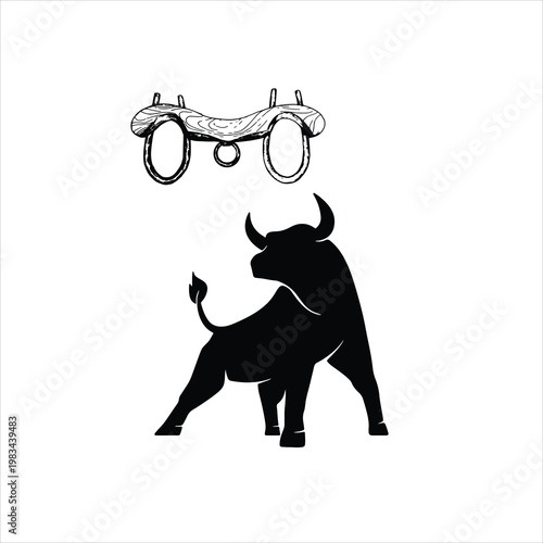 Bull Silhouette and Wooden Ox Yoke Vector Illustration Set