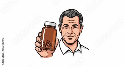 Friendly man smiling, holding a bottle of capsules