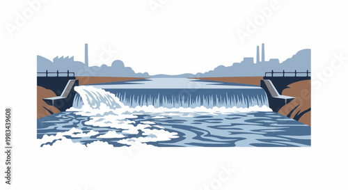 A stylized industrial landscape features a man-made waterfall flowing into a river