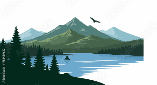 Majestic mountain range reflected in calm lake with sailboat and soaring eagle