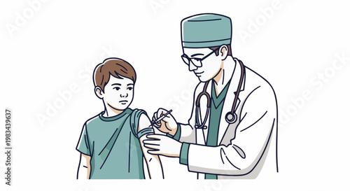 Doctor gives injection to young boy, medical check-up, healthcare