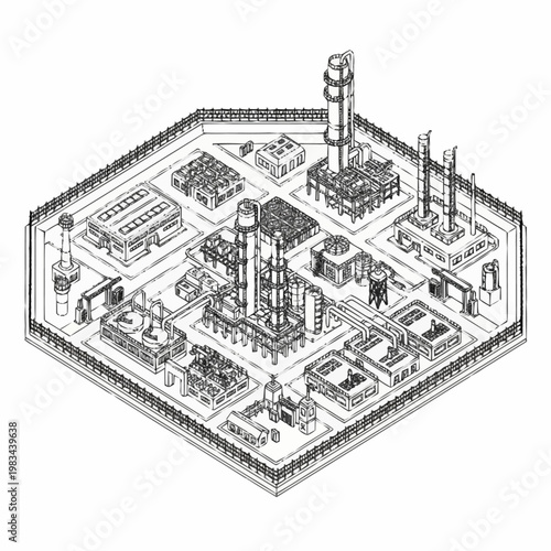Isometric illustration of a complex industrial facility with multiple buildings and towers, enclosed by a fence.