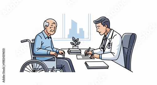 Doctor consults with an elderly patient in a wheelchair, taking notes