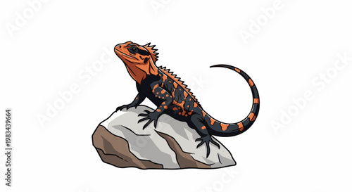 Detailed illustration of a spiny, orange and black lizard perched on a rock