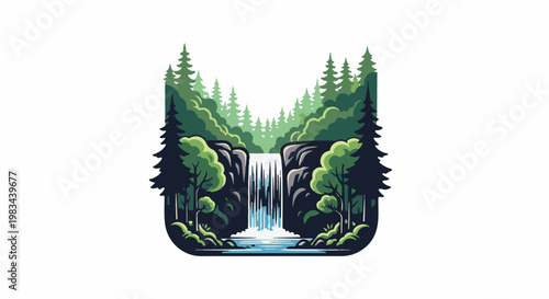 Lush forest scene with a cascading waterfall into a serene pool below