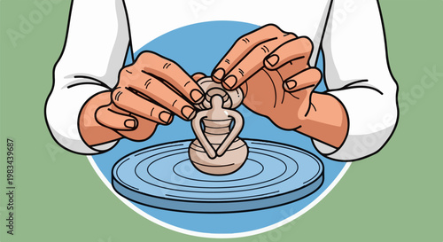 Artist sculpts clay figure on pottery wheel with focused hands