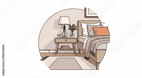 Cozy bedroom corner with a nightstand, lamp, books, and a bed with blankets
