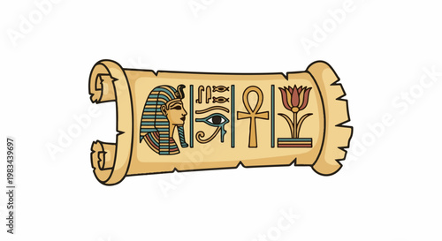 Ancient Egyptian scroll with hieroglyphs, pharaoh, eye, ankh, and lotus flower