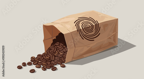 Brown paper bag tipped over, spilling roasted coffee beans on a light gray surface