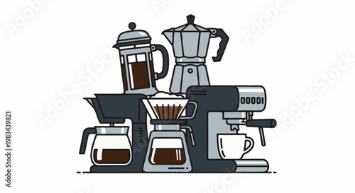 Collection of coffee brewing machines and carafes, vector illustration