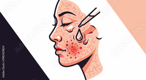 Close-up profile of a face with acne, receiving skin treatment via dropper