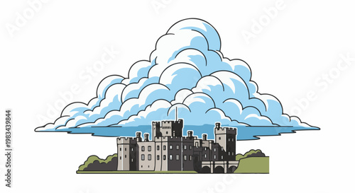 Gray stone castle with towers under a large, fluffy blue and white cloud