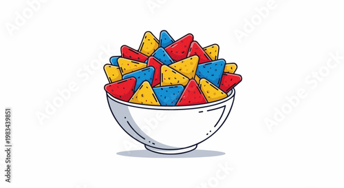 A white bowl overflowing with colorful, triangular chips